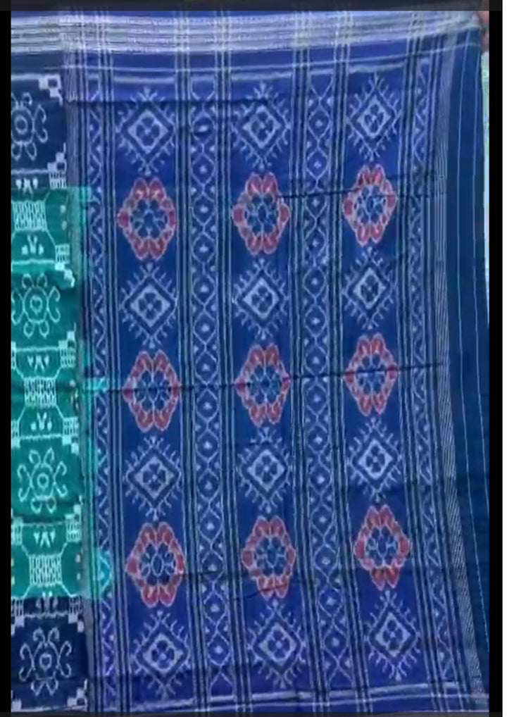 Handwoven Teal Green Sambalpuri Ikat Saree with Royal Blue Borders
