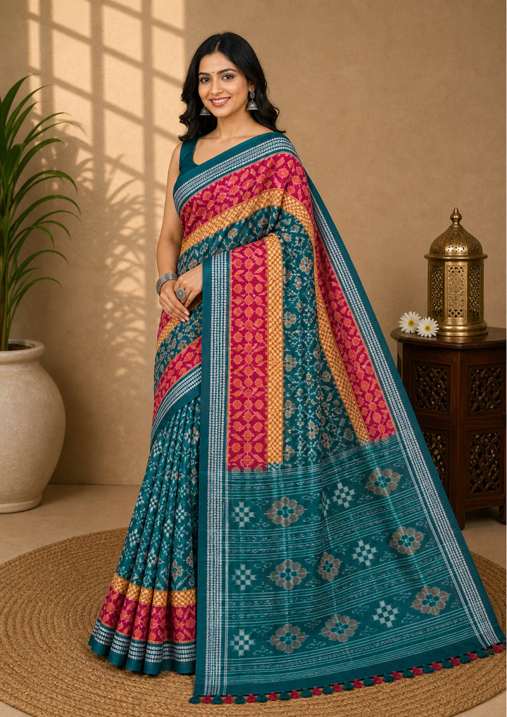 Handwoven Teal Green Sambalpuri Cotton Saree with Rani Pink Borders