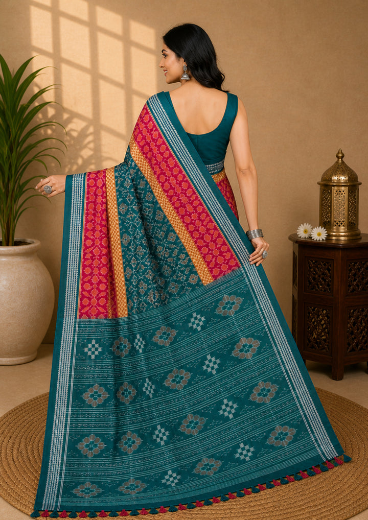 Handwoven Teal Green Sambalpuri Cotton Saree with Rani Pink Borders