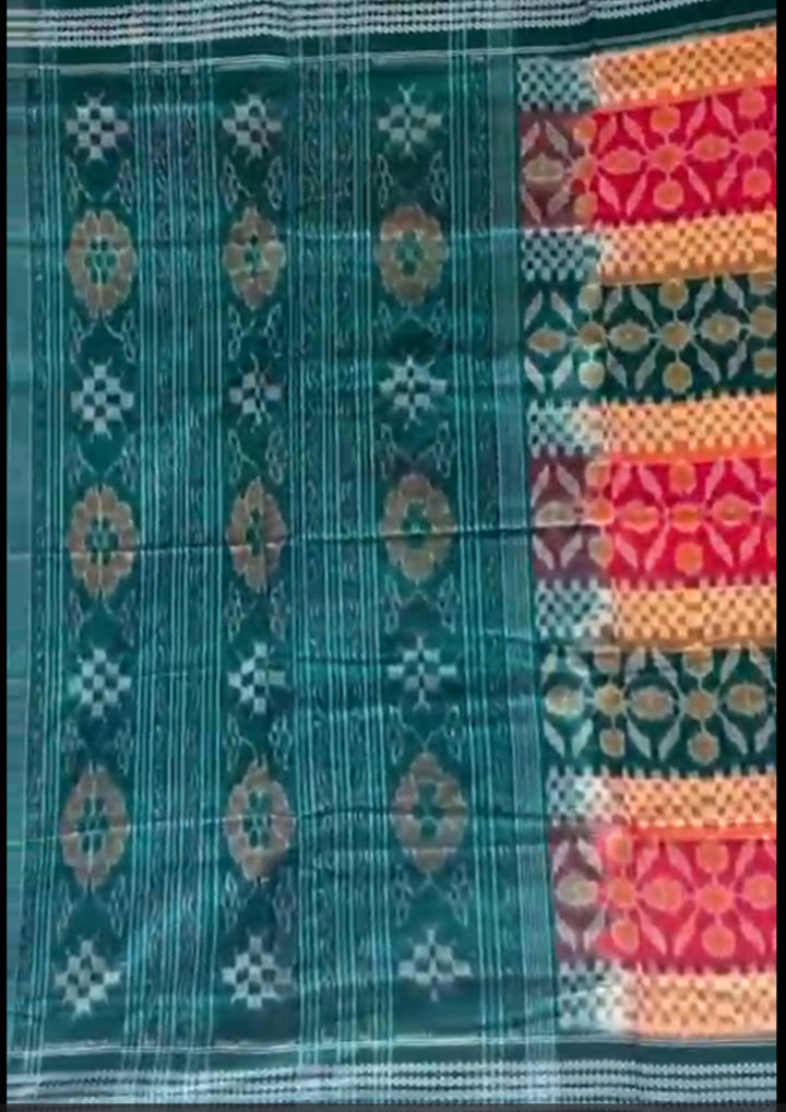Handwoven Teal Green Sambalpuri Cotton Saree with Rani Pink Borders