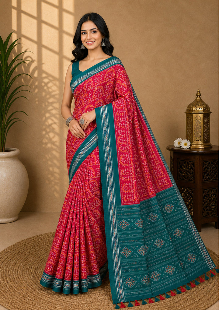 Handwoven Rani Pink Sambalpuri Cotton Saree with Bottle Green Borders
