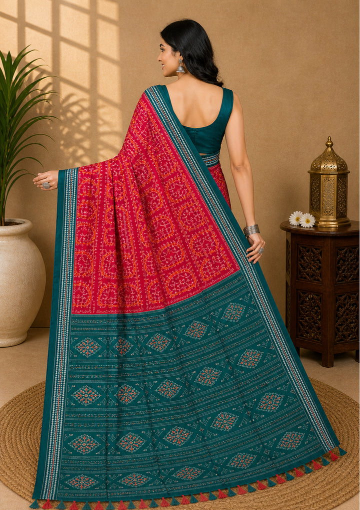 Handwoven Rani Pink Sambalpuri Cotton Saree with Bottle Green Borders