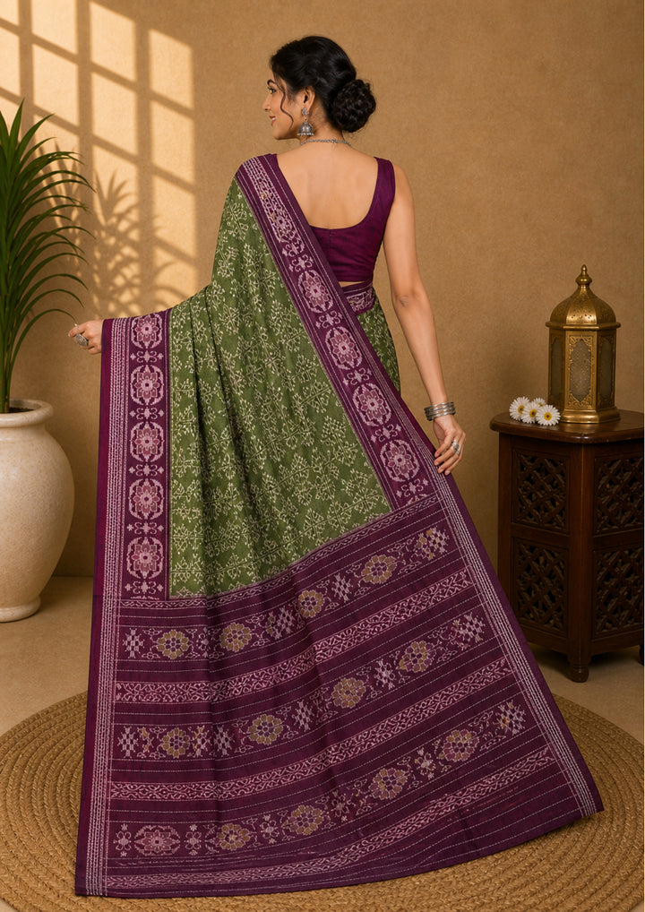Handwoven Olive Green Sambalpuri Cotton Saree with Deep Maroon Borders