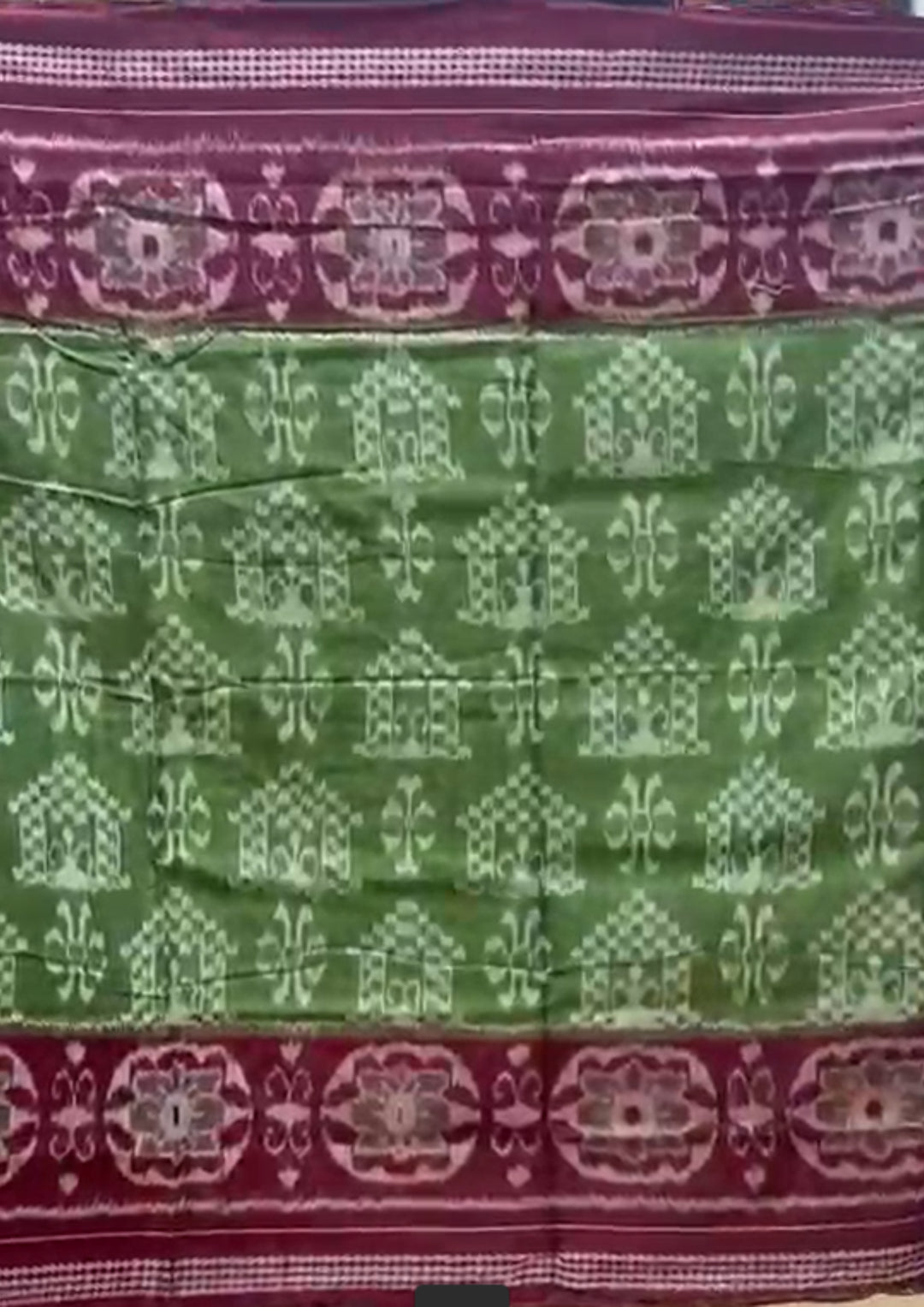 Handwoven Olive Green Sambalpuri Cotton Saree with Deep Maroon Borders