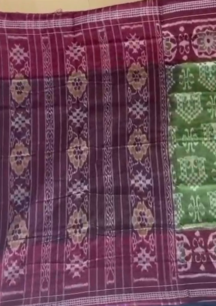 Handwoven Olive Green Sambalpuri Cotton Saree with Deep Maroon Borders