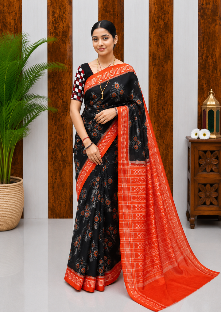 Elegant Sambalpuri Handloom Cotton Saree in Black &amp; Vermilion Red