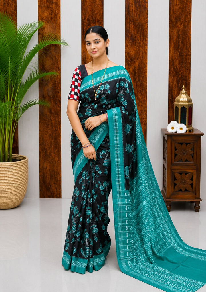 Elegant Sambalpuri Handloom Cotton Saree in Black & Teal Blue