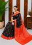 Elegant Sambalpuri Handloom Cotton Saree in Black &amp; Vermilion Red