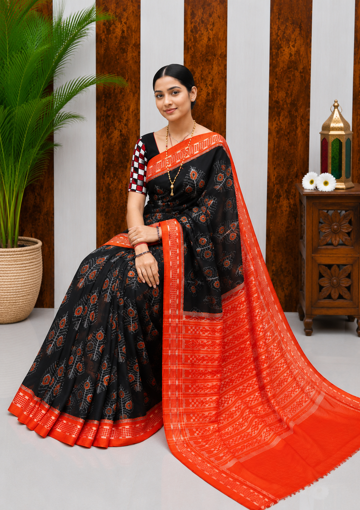 Elegant Sambalpuri Handloom Cotton Saree in Black &amp; Vermilion Red