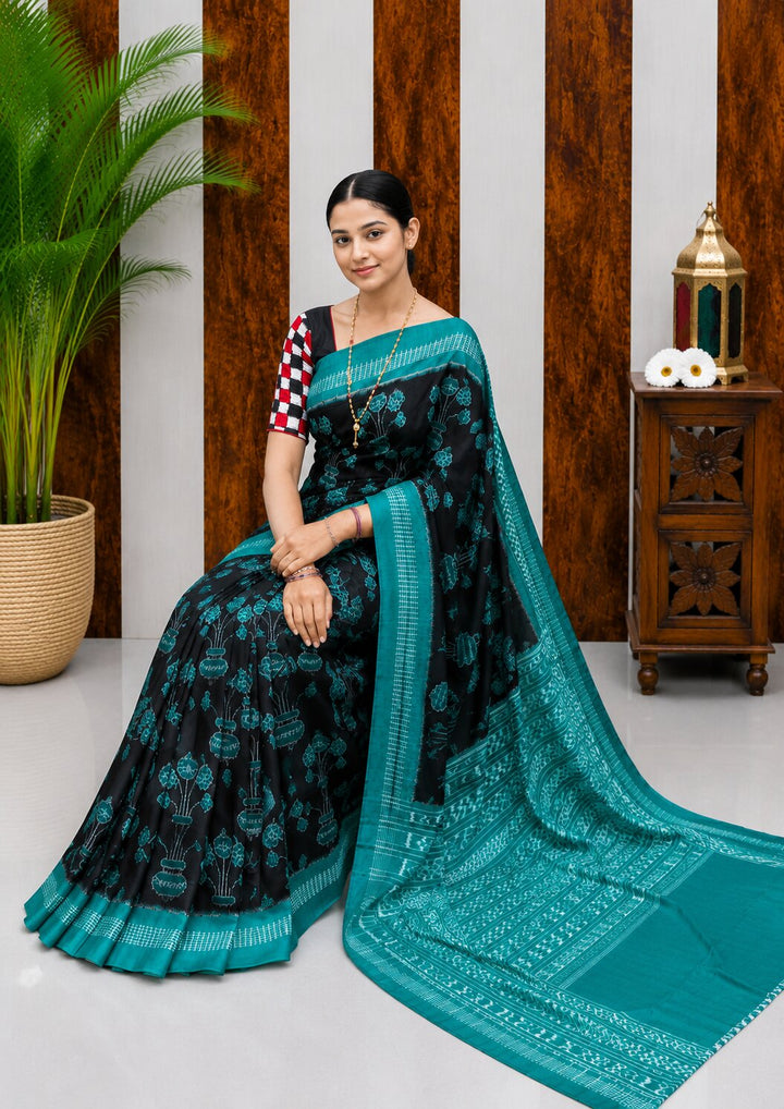 Elegant Sambalpuri Handloom Cotton Saree in Black & Teal Blue