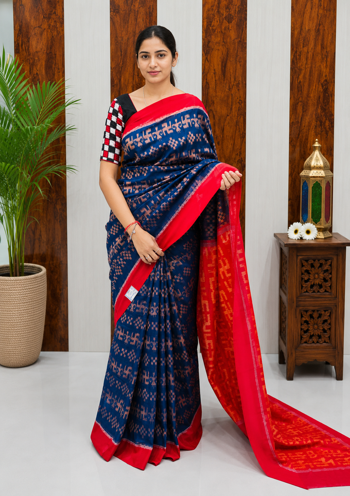 Elegant Sambalpuri Handloom Cotton Saree in Navy Blue &amp; Rani Pink Traditional Weave