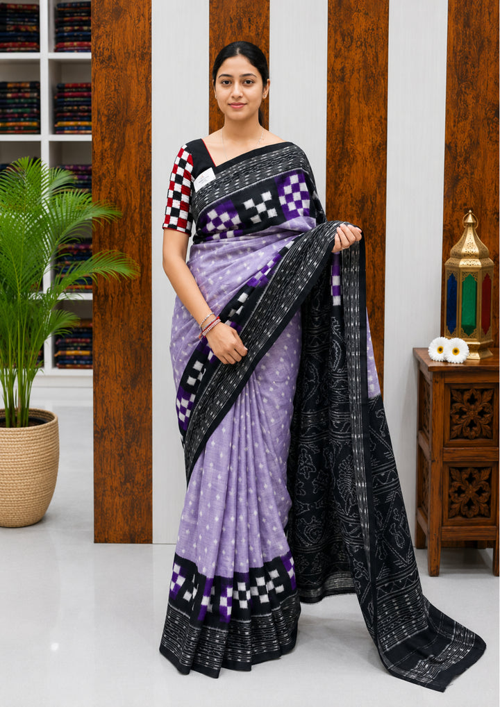 Elegant Sambalpuri Handloom Cotton Saree in Lavender &amp; Classic Black