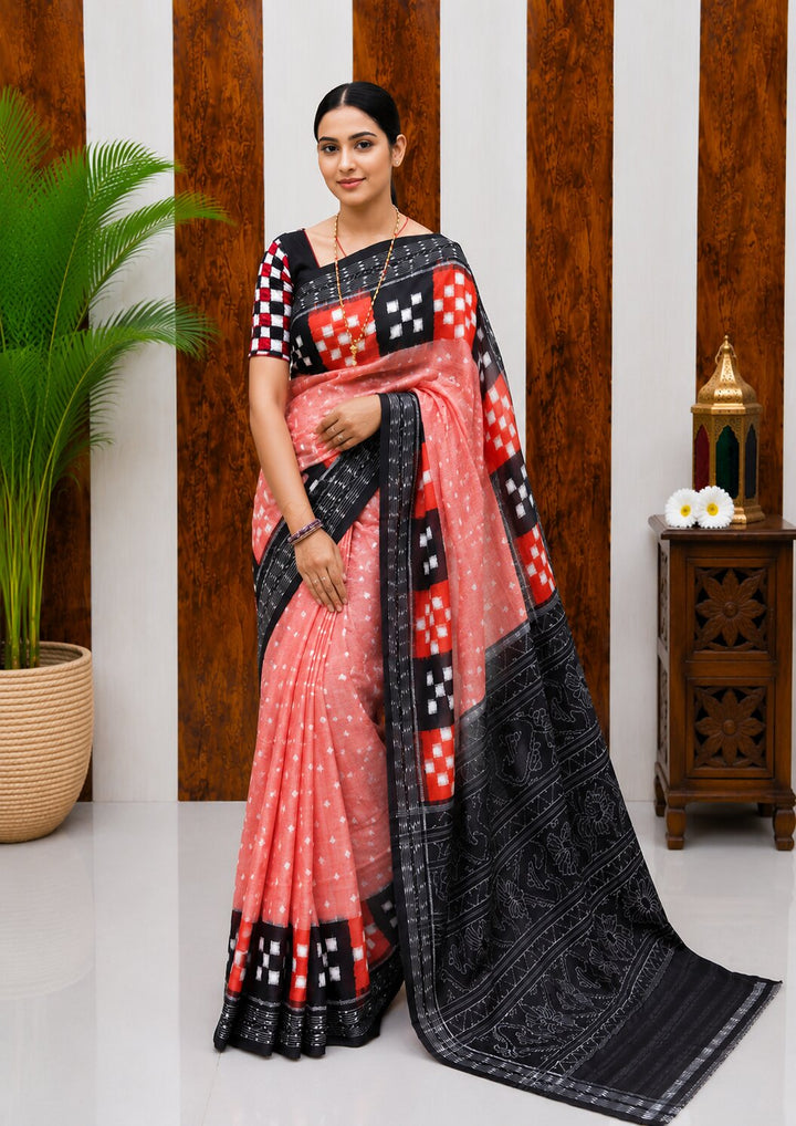 Elegant Sambalpuri Handloom Cotton Saree in Peach Pink & Black