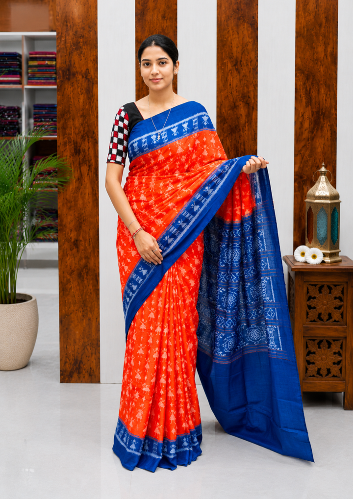 Elegant Sambalpuri Handloom Cotton Saree in Bright Orange & Royal Blue