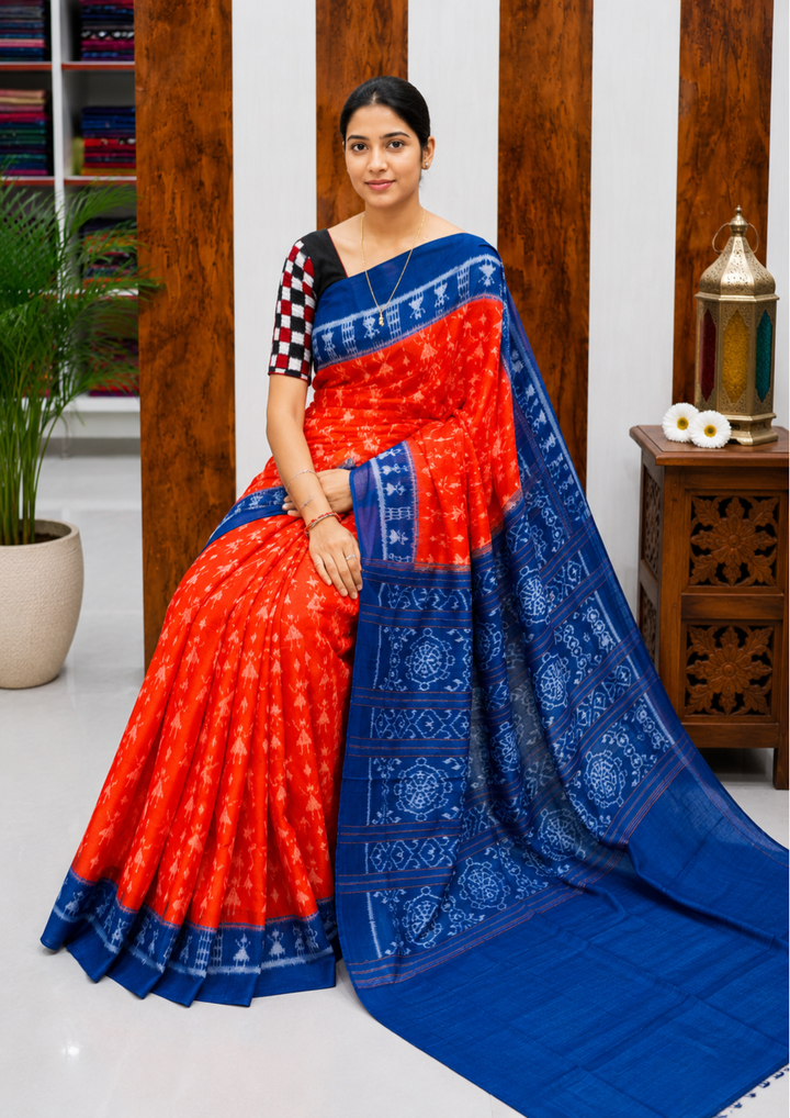 Elegant Sambalpuri Handloom Cotton Saree in Bright Orange & Royal Blue