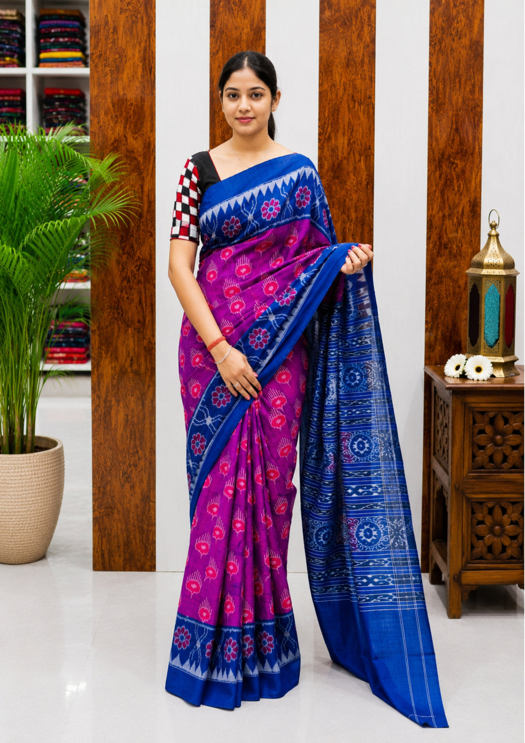 Traditional Sambalpuri Handloom Cotton Saree in Magenta Pink & Royal Blue