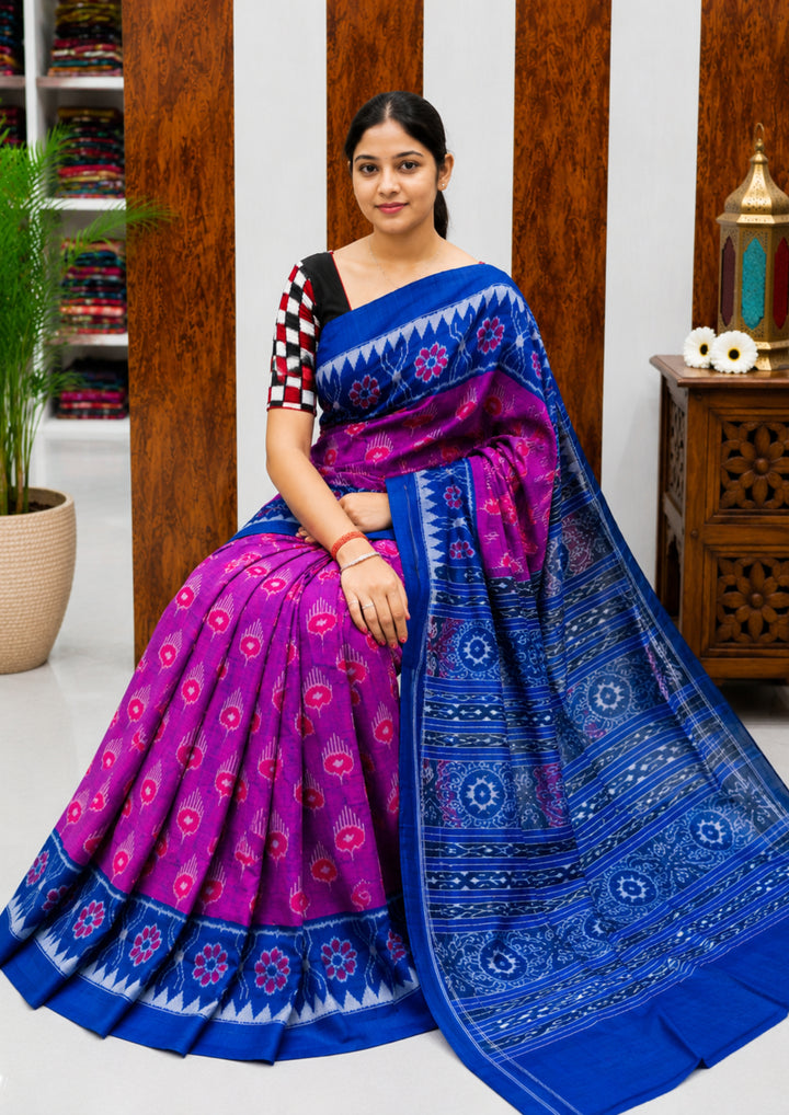 Traditional Sambalpuri Handloom Cotton Saree in Magenta Pink & Royal Blue
