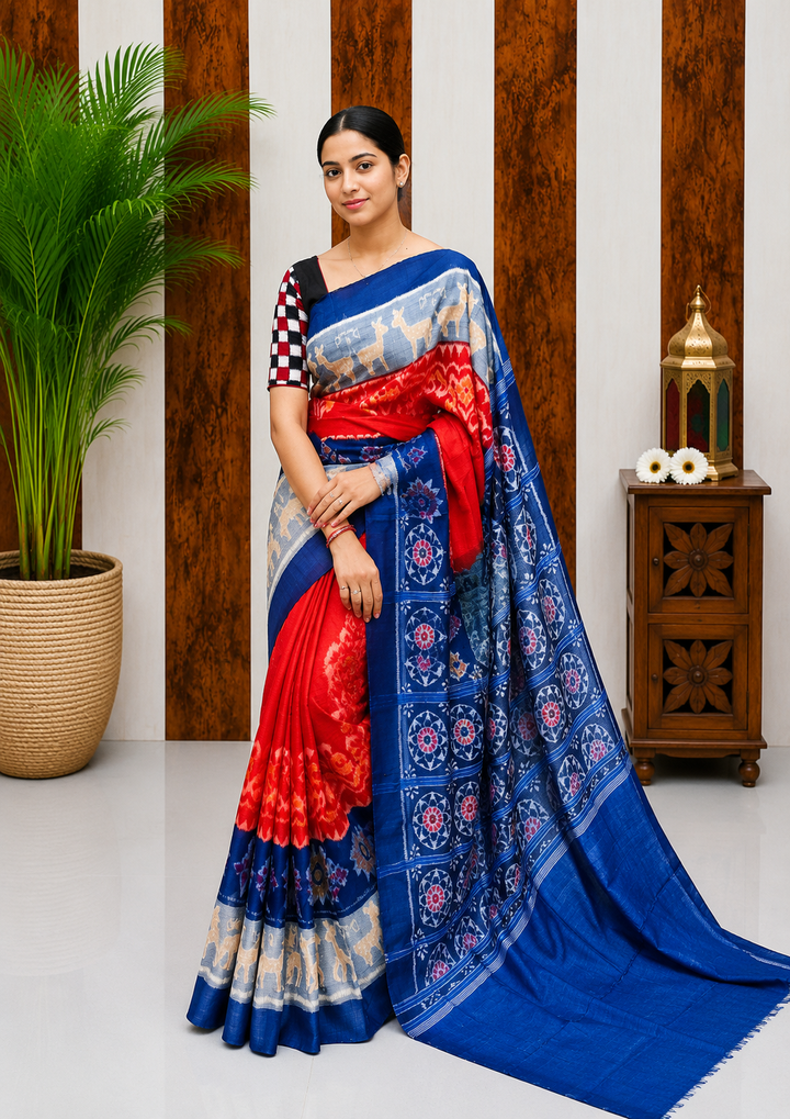 Elegant Sambalpuri Handloom Cotton Saree in Royal Blue & Red with Traditional Motifs