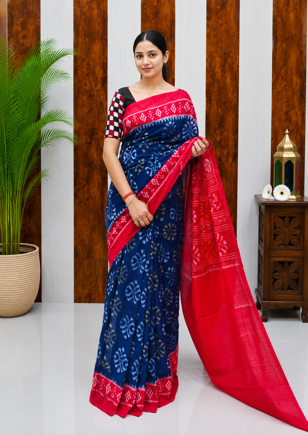 Elegant Sambalpuri Handloom Cotton Saree in Royal Blue &amp; Rani Pink Traditional Weave