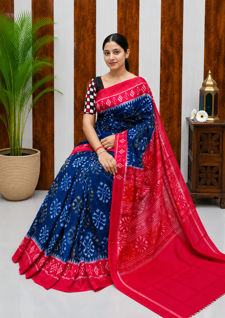 Elegant Sambalpuri Handloom Cotton Saree in Navy Blue &amp; Rani Pink Traditional Weave