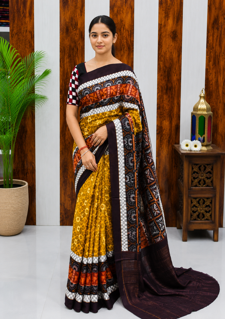 Elegant Sambalpuri Handloom Cotton Saree in Mustard Yellow &amp; Deep Coffee Brown