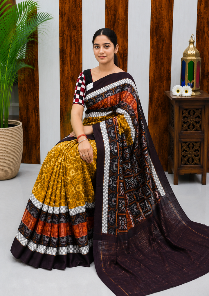 Elegant Sambalpuri Handloom Cotton Saree in Mustard Yellow &amp; Deep Coffee Brown