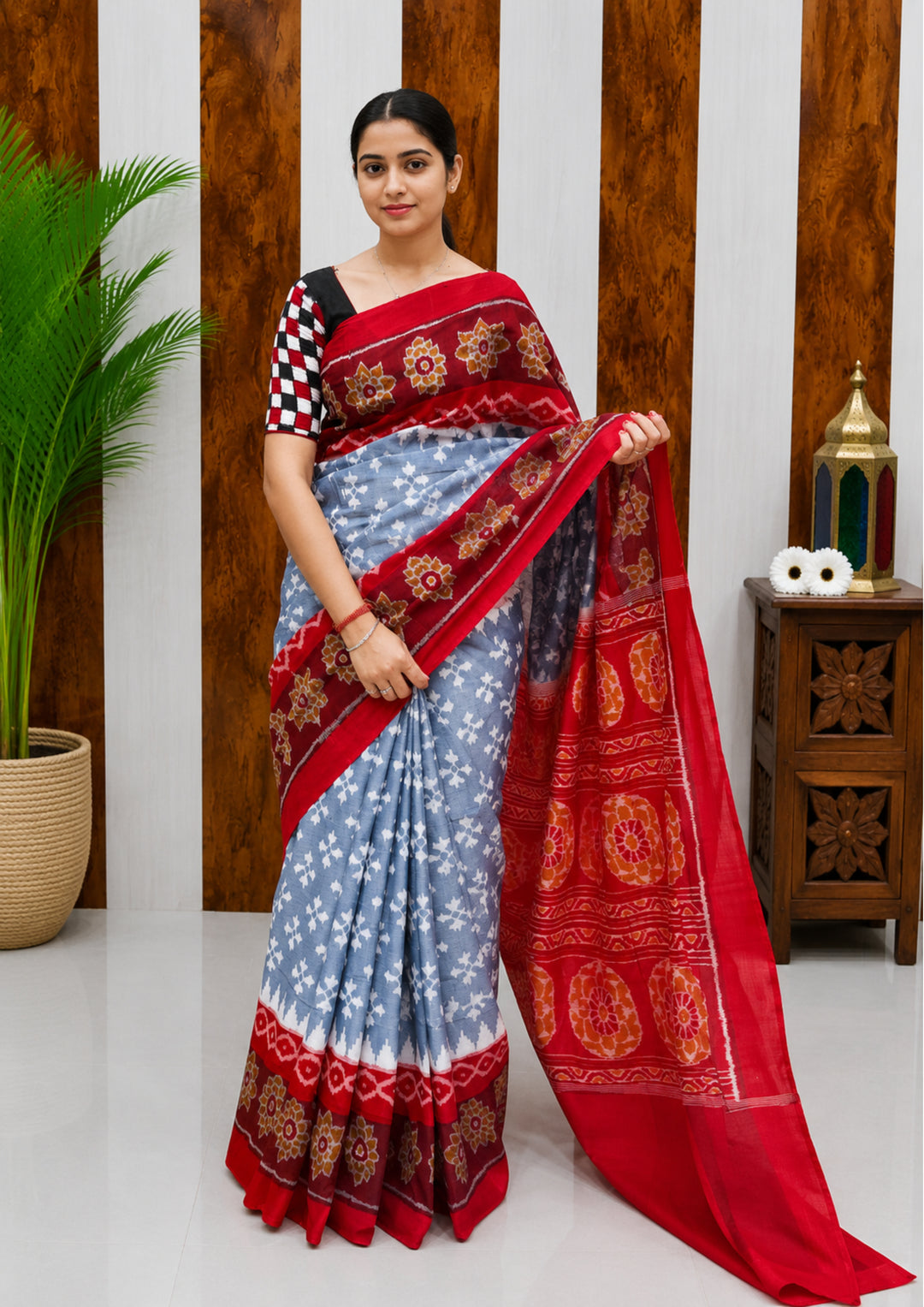 Elegant Sambalpuri Handloom Cotton Saree in Sky Blue &amp; Crimson Red