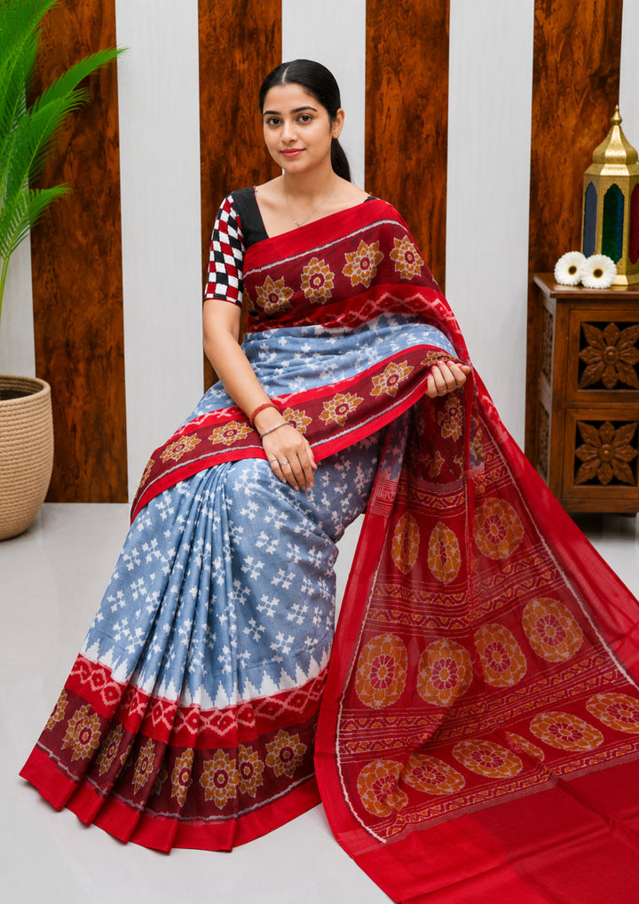 Elegant Sambalpuri Handloom Cotton Saree in Sky Blue &amp; Crimson Red