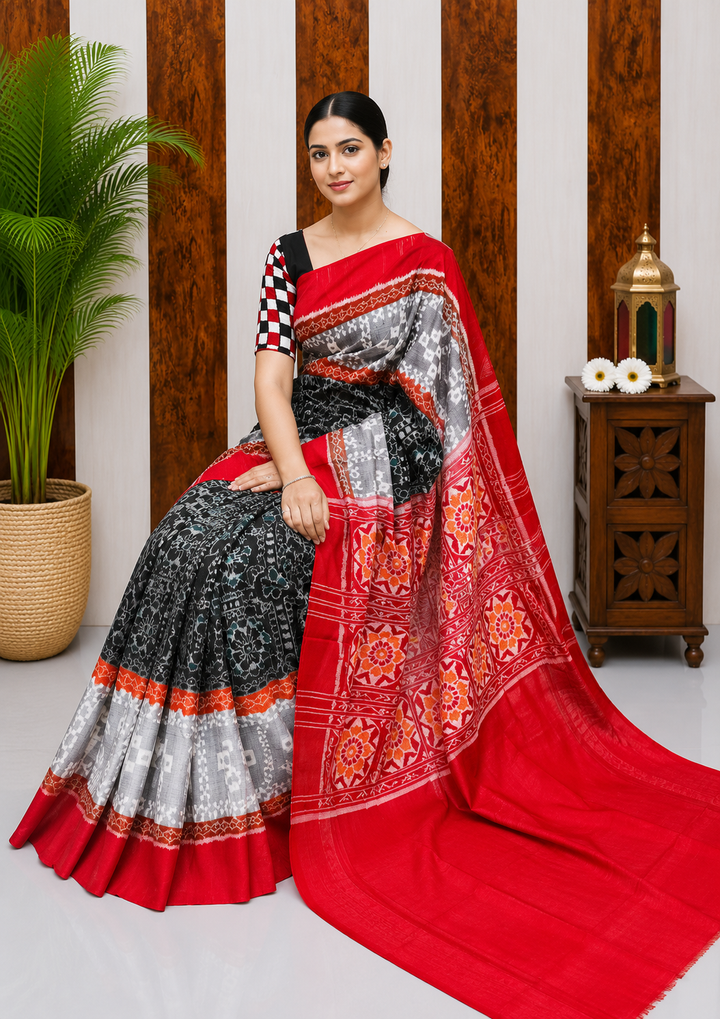 Elegant Sambalpuri Handloom Cotton Saree in Black, Grey & Red Traditional Weave