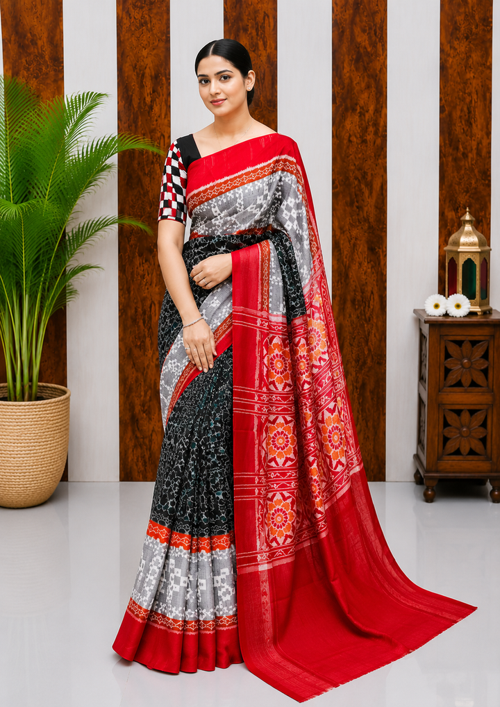 Elegant Sambalpuri Handloom Cotton Saree in Black, Grey & Red Traditional Weave