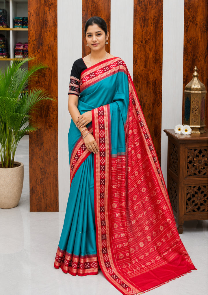 Elegant Sambalpuri Handloom Cotton Saree in Teal Blue &amp; Rani Pink