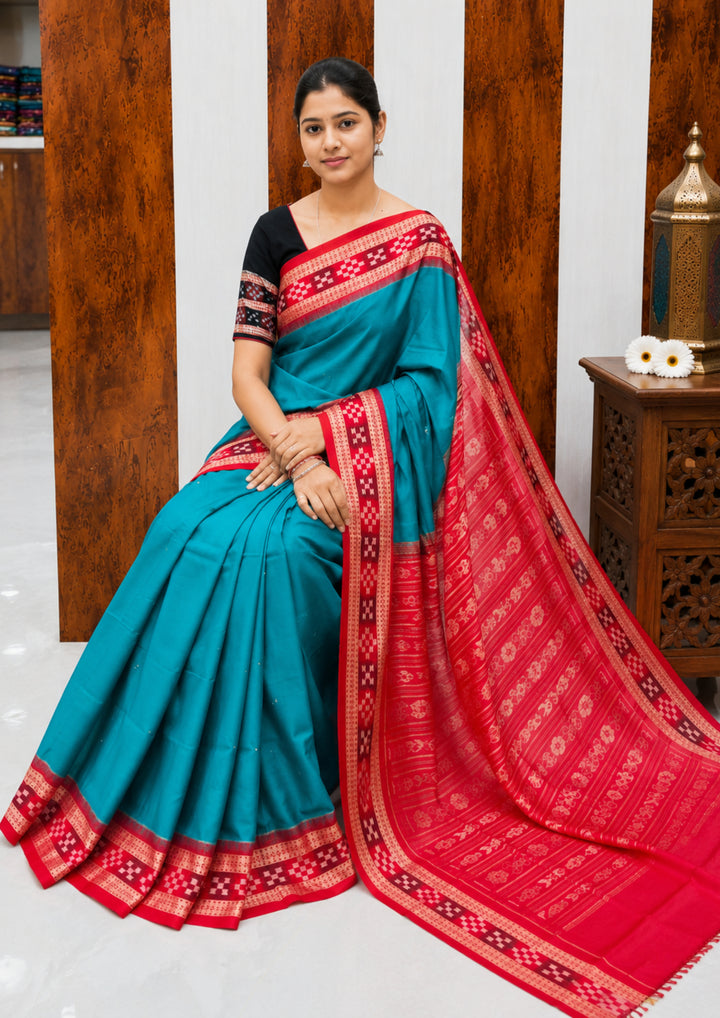 Elegant Sambalpuri Handloom Cotton Saree in Teal Blue &amp; Rani Pink
