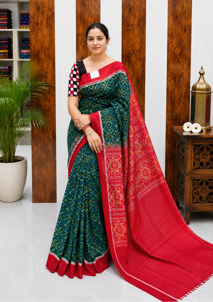Elegant Sambalpuri Handloom Cotton Saree in Bottle Green & Red