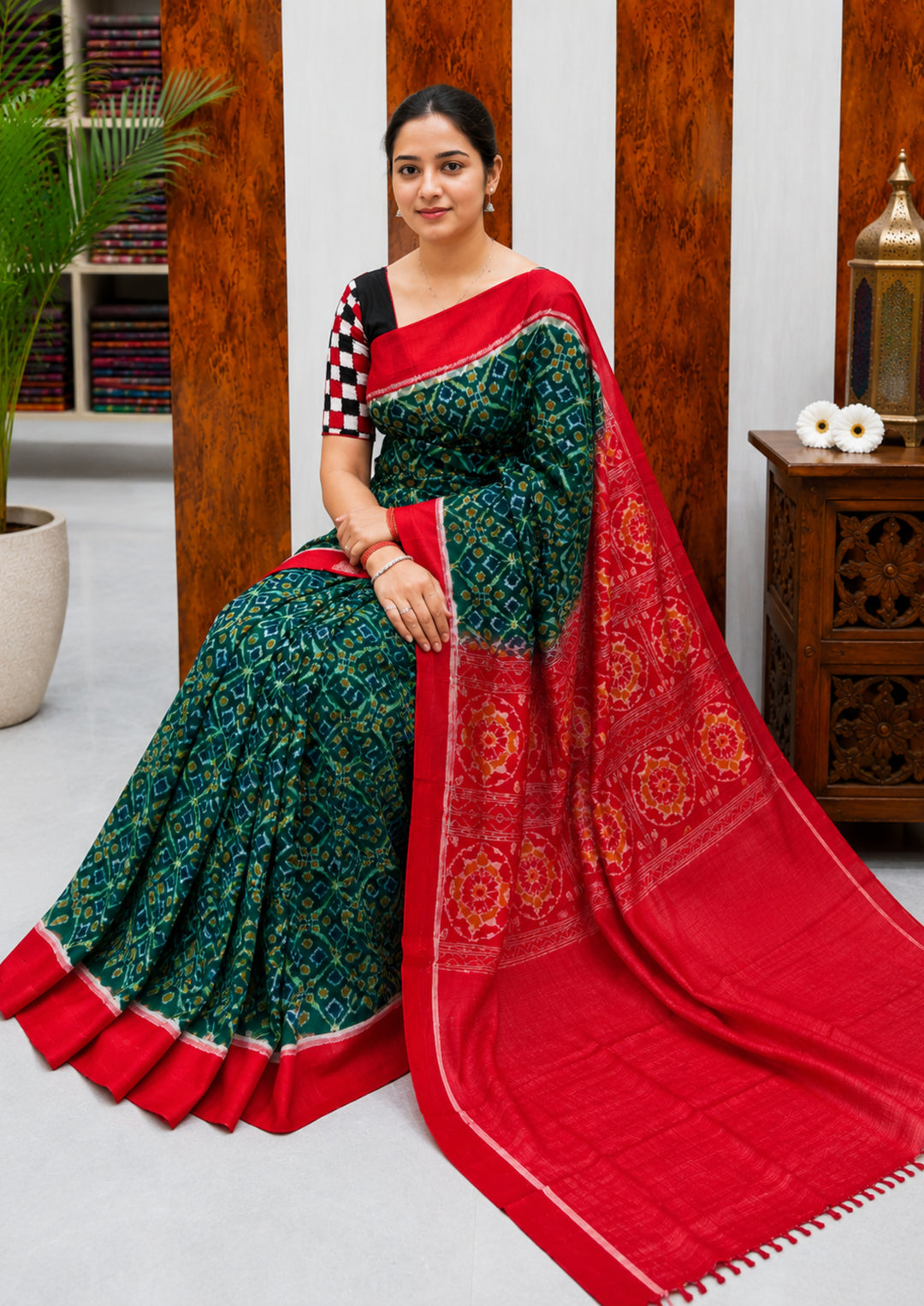 Elegant Sambalpuri Handloom Cotton Saree in Bottle Green & Red