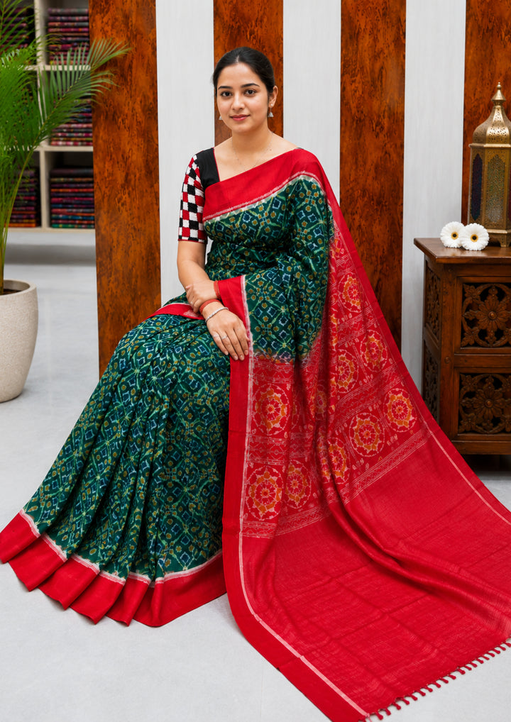 Elegant Sambalpuri Handloom Cotton Saree in Bottle Green & Red