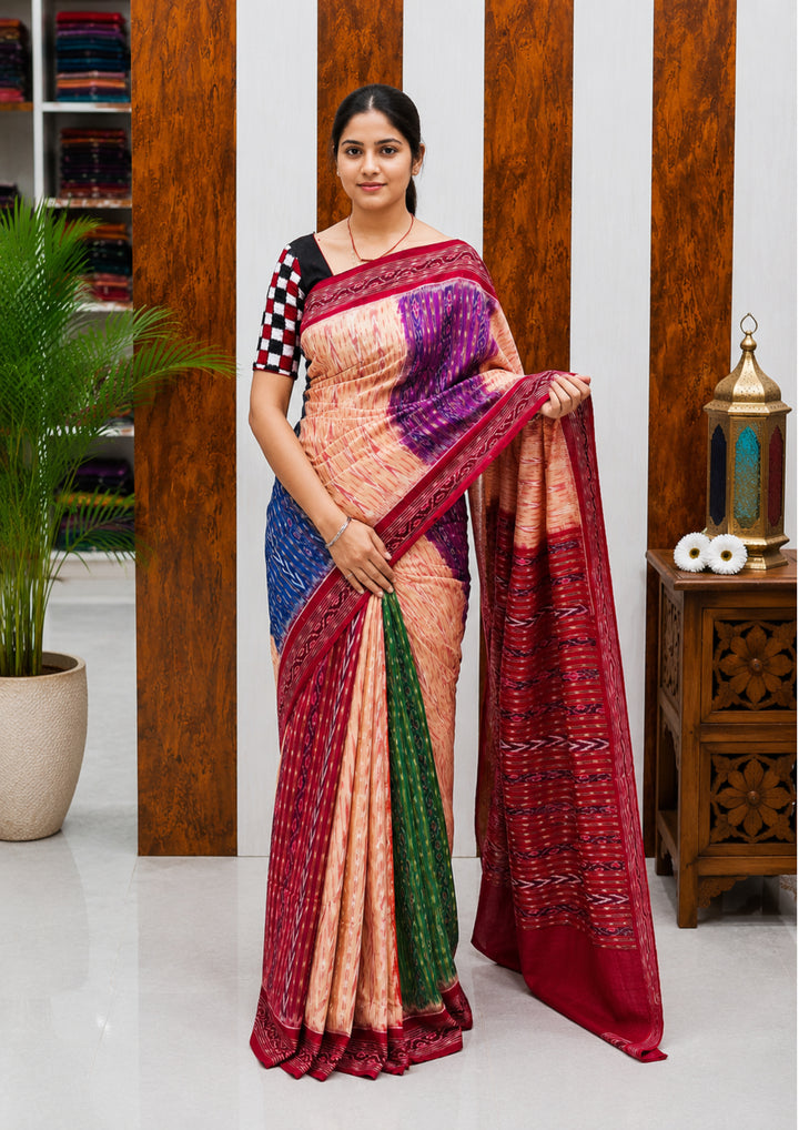 Elegant Sambalpuri Handloom Cotton Saree in Peach, Magenta & Multicolor