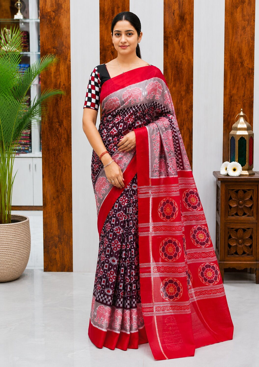 Sambalpuri Handloom Cotton Saree in Black & Rani Pink with Traditional Elephant Motifs