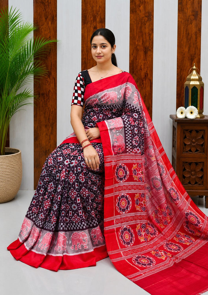 Sambalpuri Handloom Cotton Saree in Black & Rani Pink with Traditional Elephant Motifs