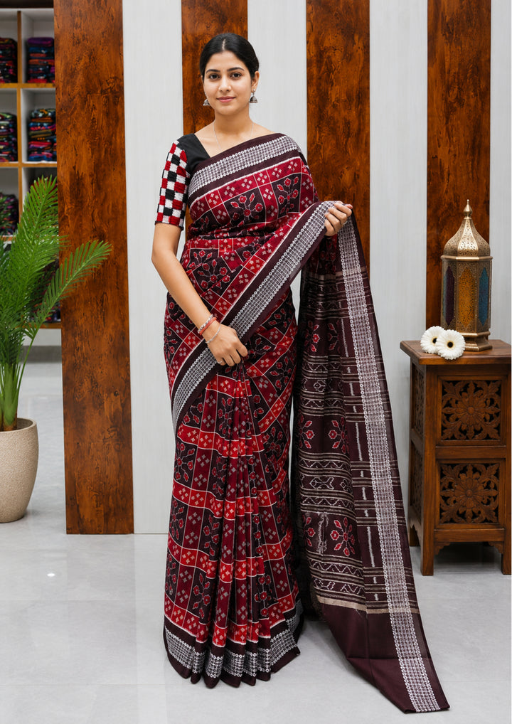 Classic Sambalpuri Handloom Cotton Saree in Maroon &amp; Black with Traditional Ikat Weave