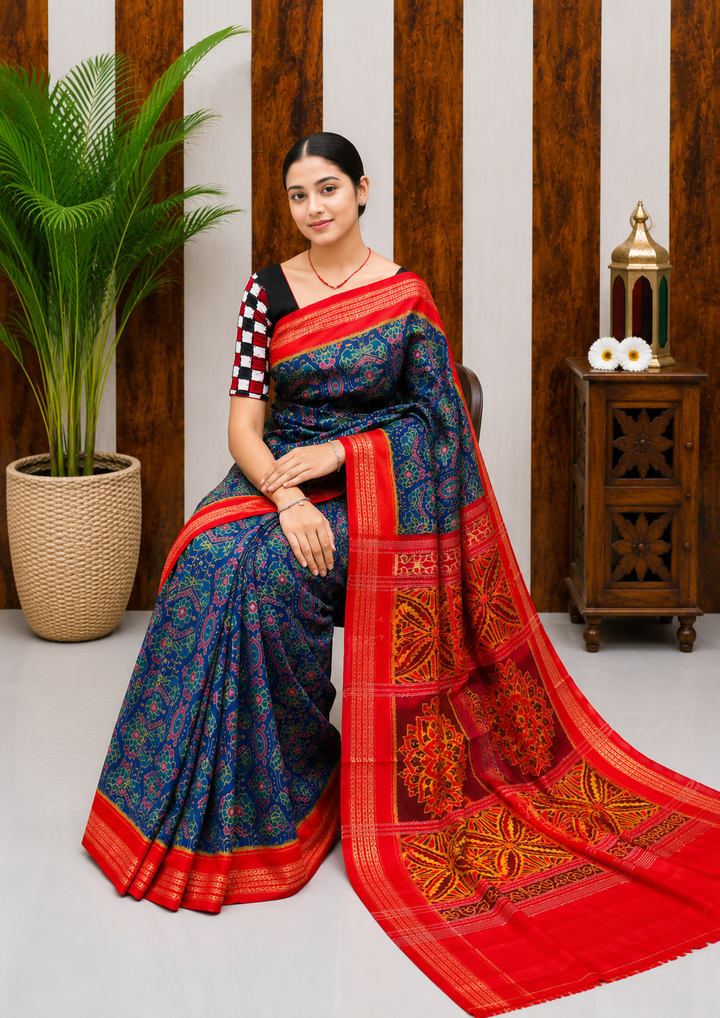 Elegant Sambalpuri Handloom Cotton Saree in Royal Blue & Red Traditional Weave
