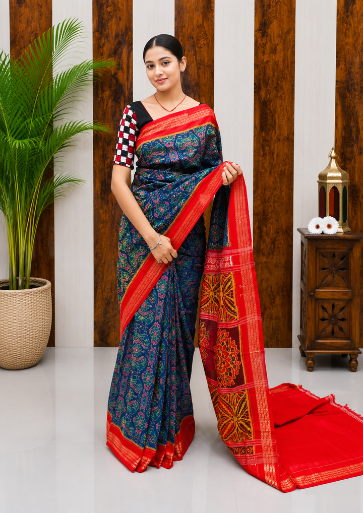 Elegant Sambalpuri Handloom Cotton Saree in Royal Blue & Red Traditional Weave