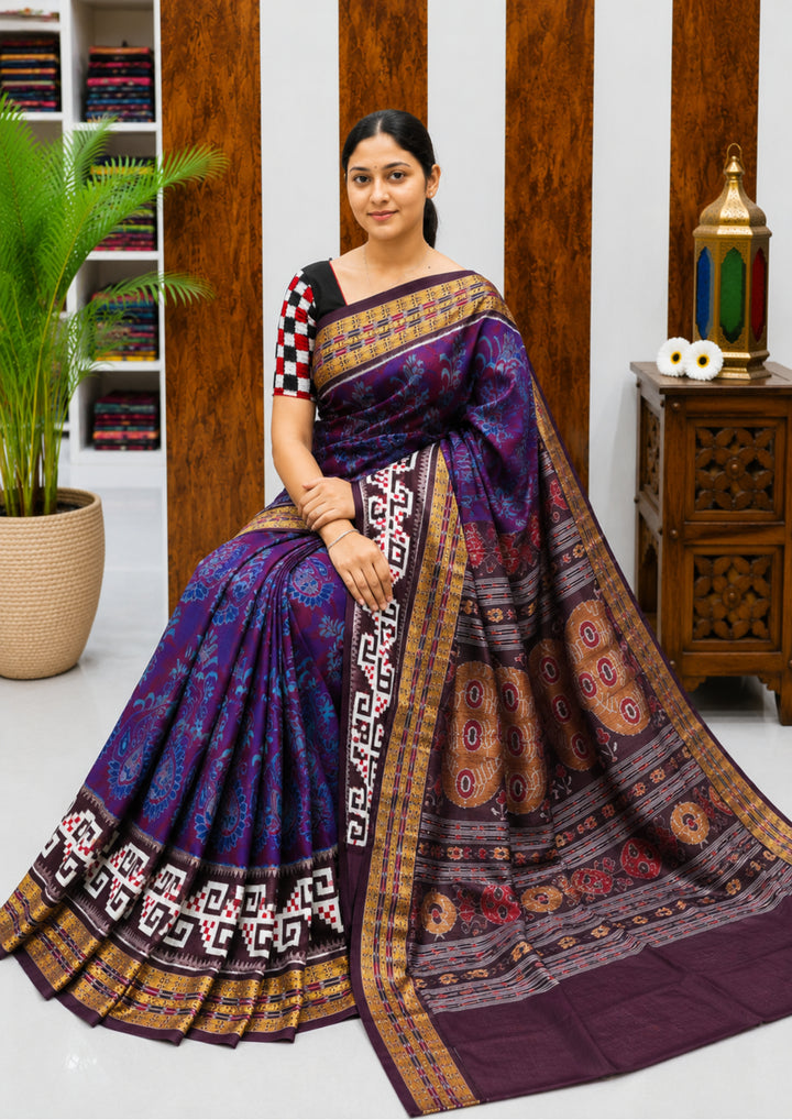 Premium Sambalpuri Handloom Cotton Saree in Royal Purple with Traditional Ikat Border