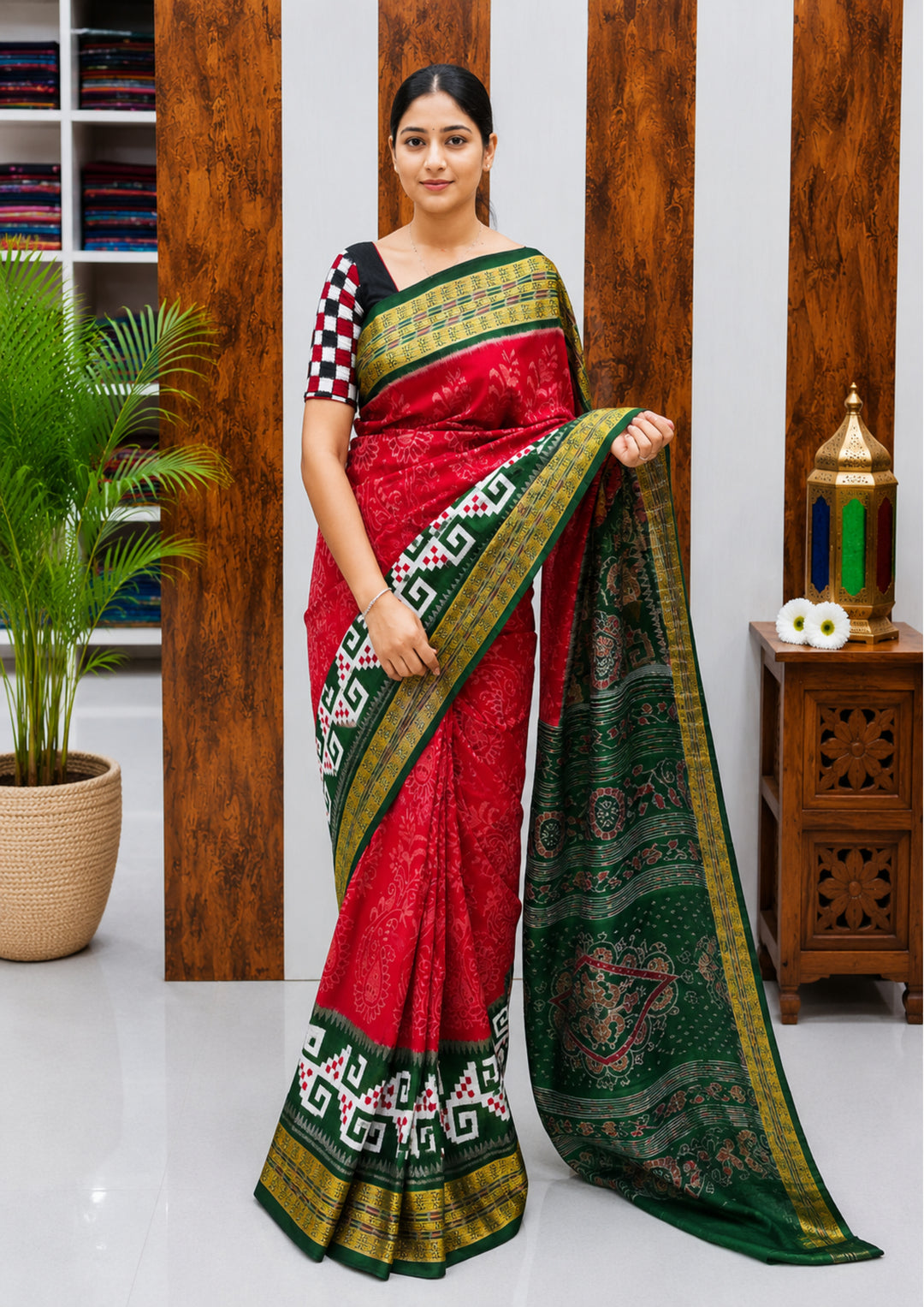 Elegant Sambalpuri Handloom Cotton Saree in Crimson Red & Bottle Green Traditional Weave