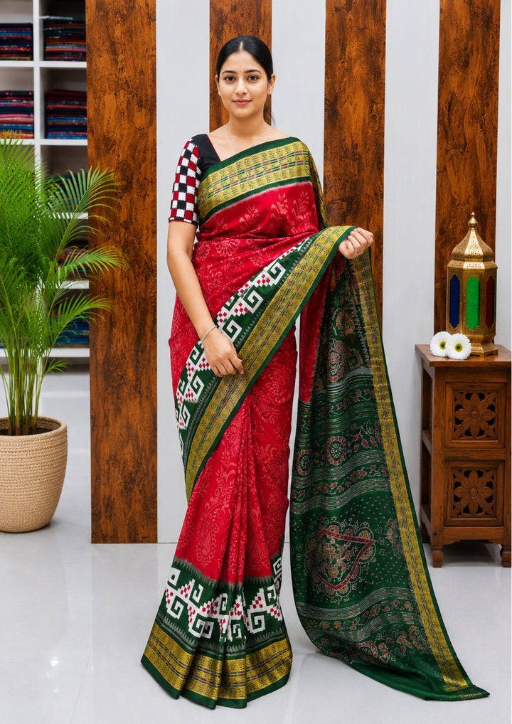Elegant Sambalpuri Handloom Cotton Saree in Crimson Red & Bottle Green Traditional Weave