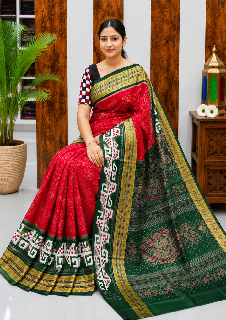 Elegant Sambalpuri Handloom Cotton Saree in Crimson Red & Bottle Green Traditional Weave