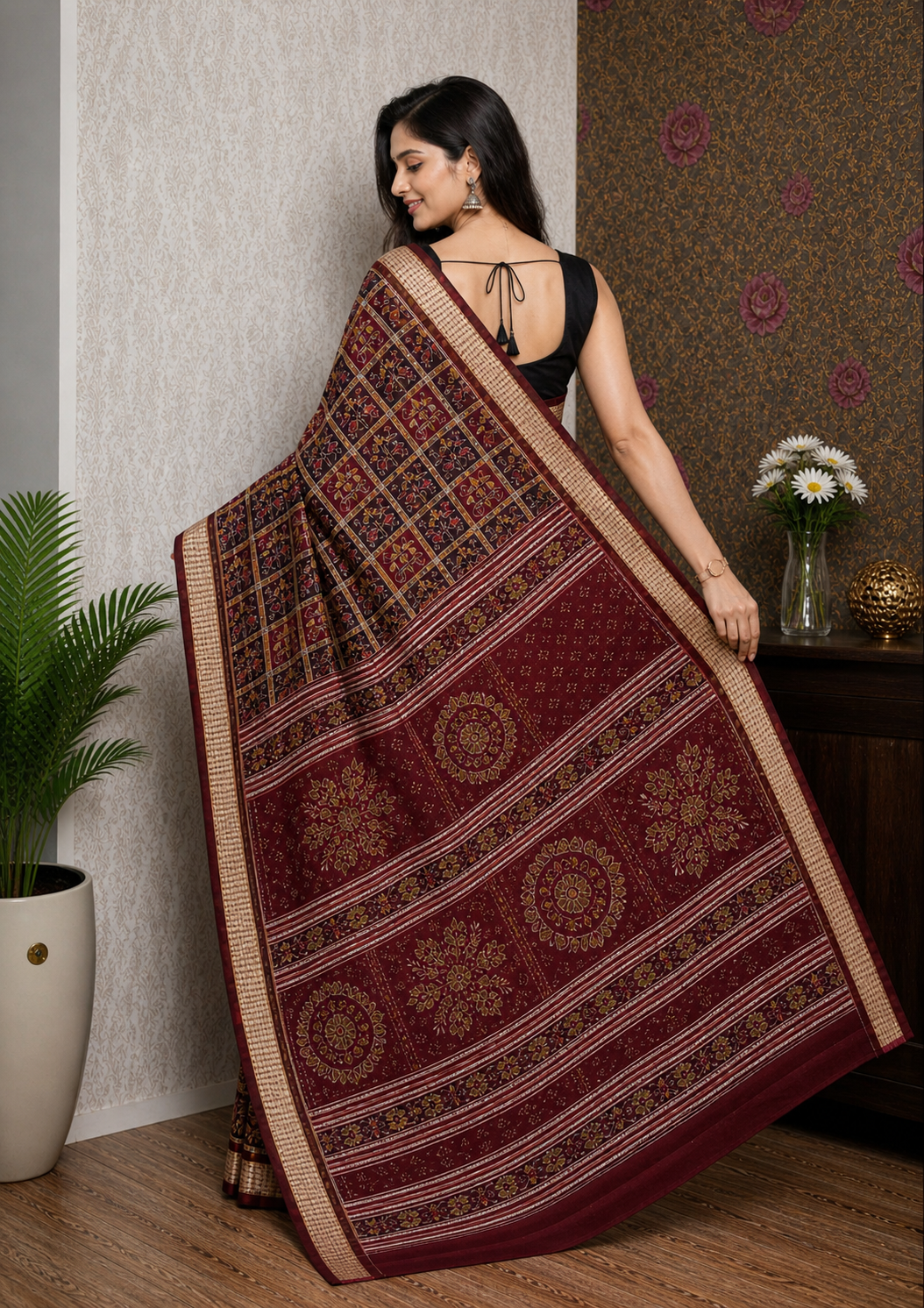Handwoven Sambalpuri Nabakoti Patta Semi Silk Saree with Ikkat Grid Design