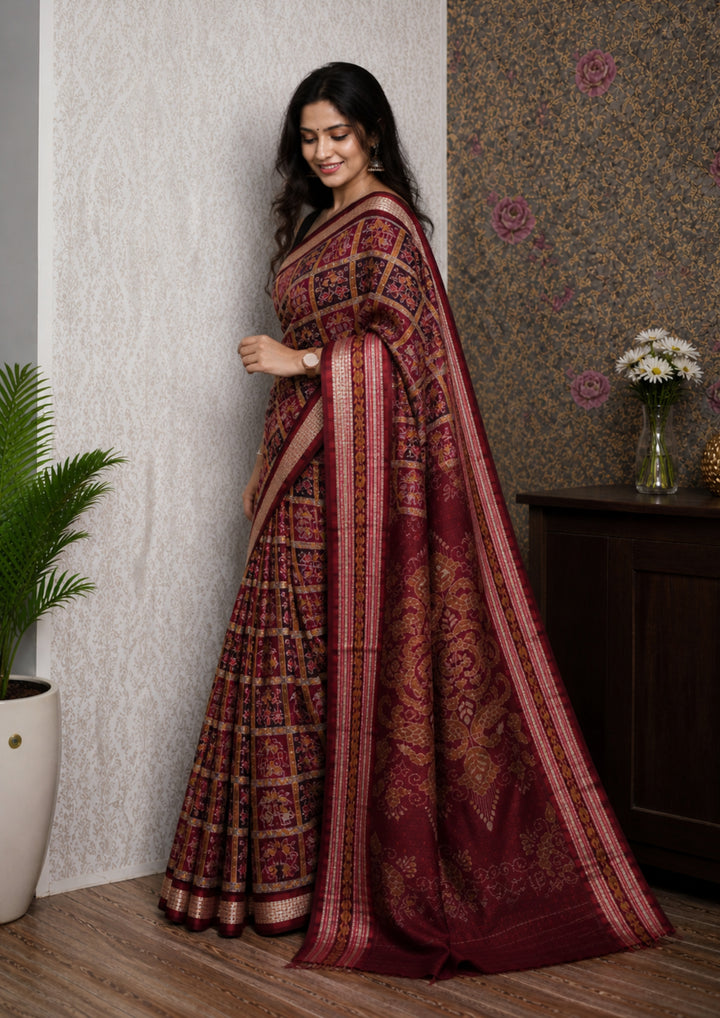 Handwoven Sambalpuri Nabakoti Patta Semi Silk Saree with Ikkat Grid Design