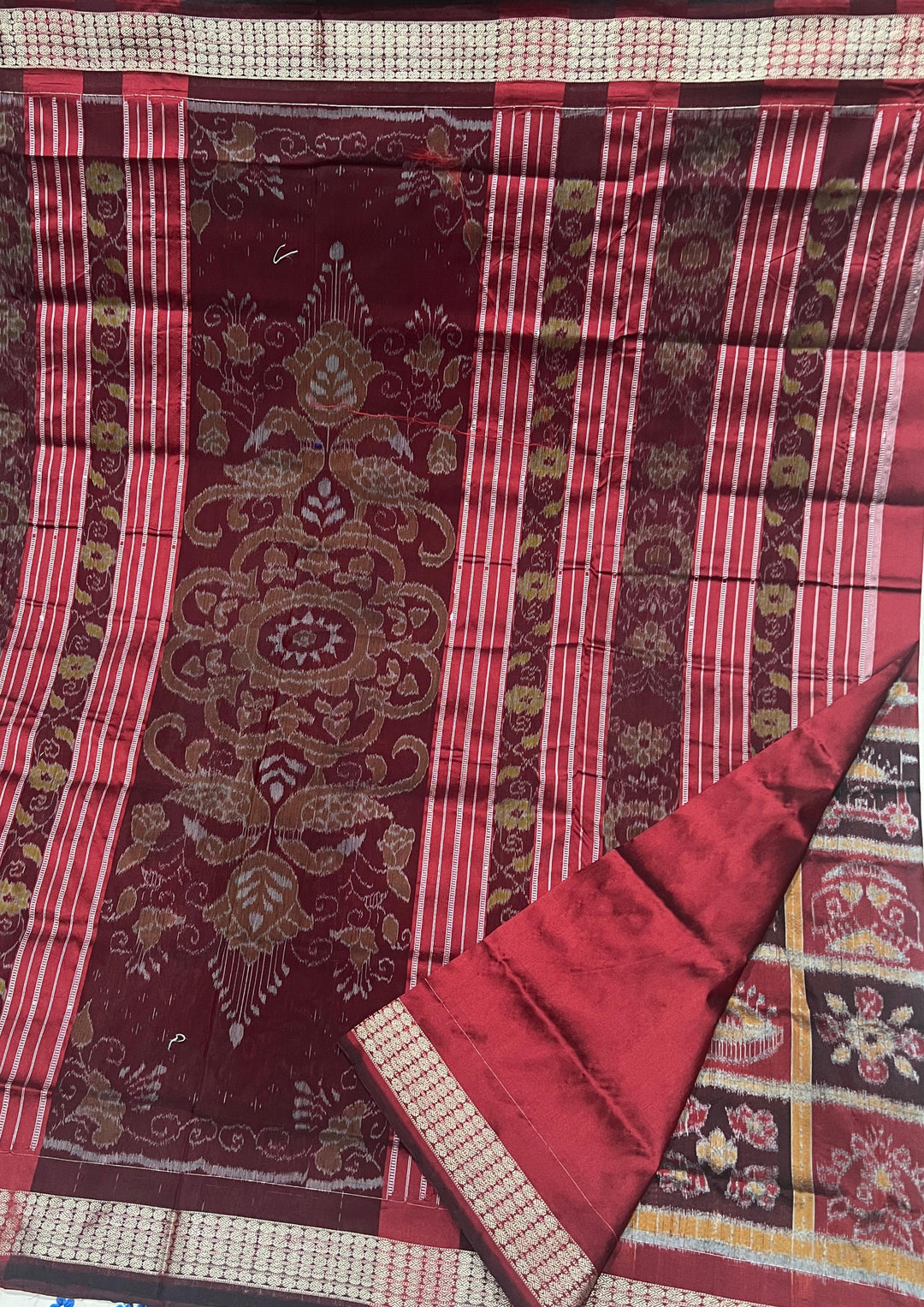 Handwoven Sambalpuri Nabakoti Patta Semi Silk Saree with Ikkat Grid Design