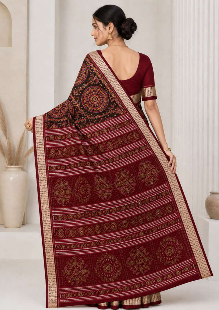 Handwoven Deep Chocolate Brown Sambalpuri Ikat Saree with Maroon Pallu