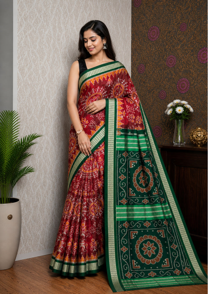 Handwoven Deep Red Sambalpuri Ikat Saree with Bottle Green Border & Pallu
